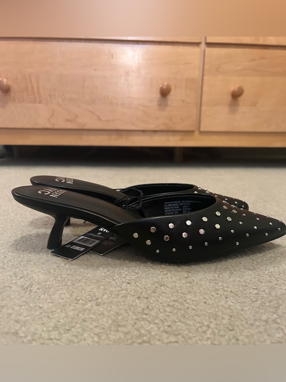 Madden NYC Black Studded Kitten Heeled Slide On Mules